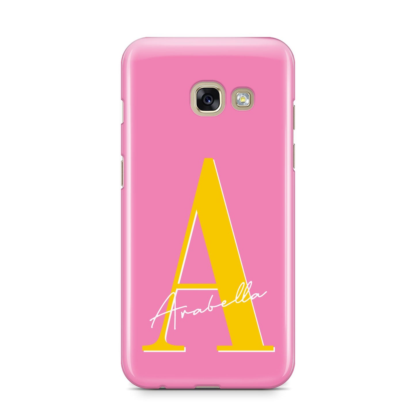 Personalised Pink Yellow Initial Samsung Galaxy A3 2017 Case on gold phone