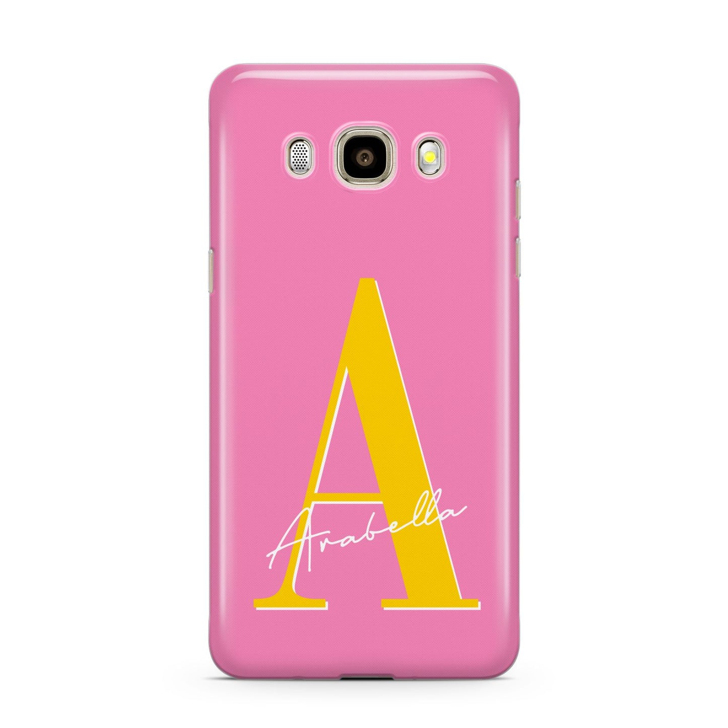 Personalised Pink Yellow Initial Samsung Galaxy J7 2016 Case on gold phone