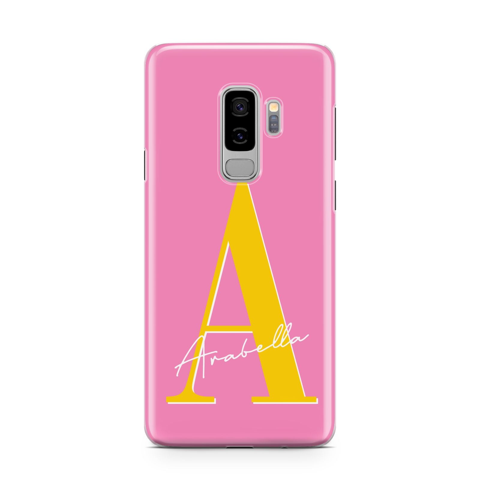 Personalised Pink Yellow Initial Samsung Galaxy S9 Plus Case on Silver phone