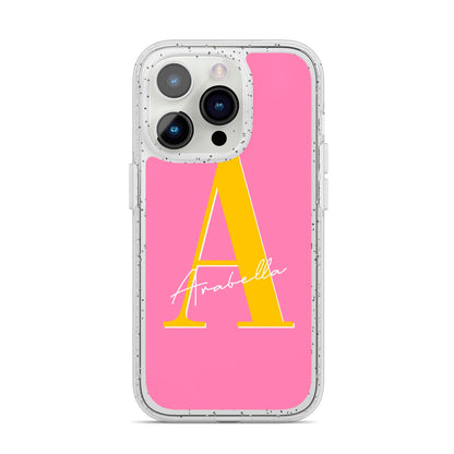 Personalised Pink Yellow Initial iPhone 14 Pro Glitter Tough Case Silver