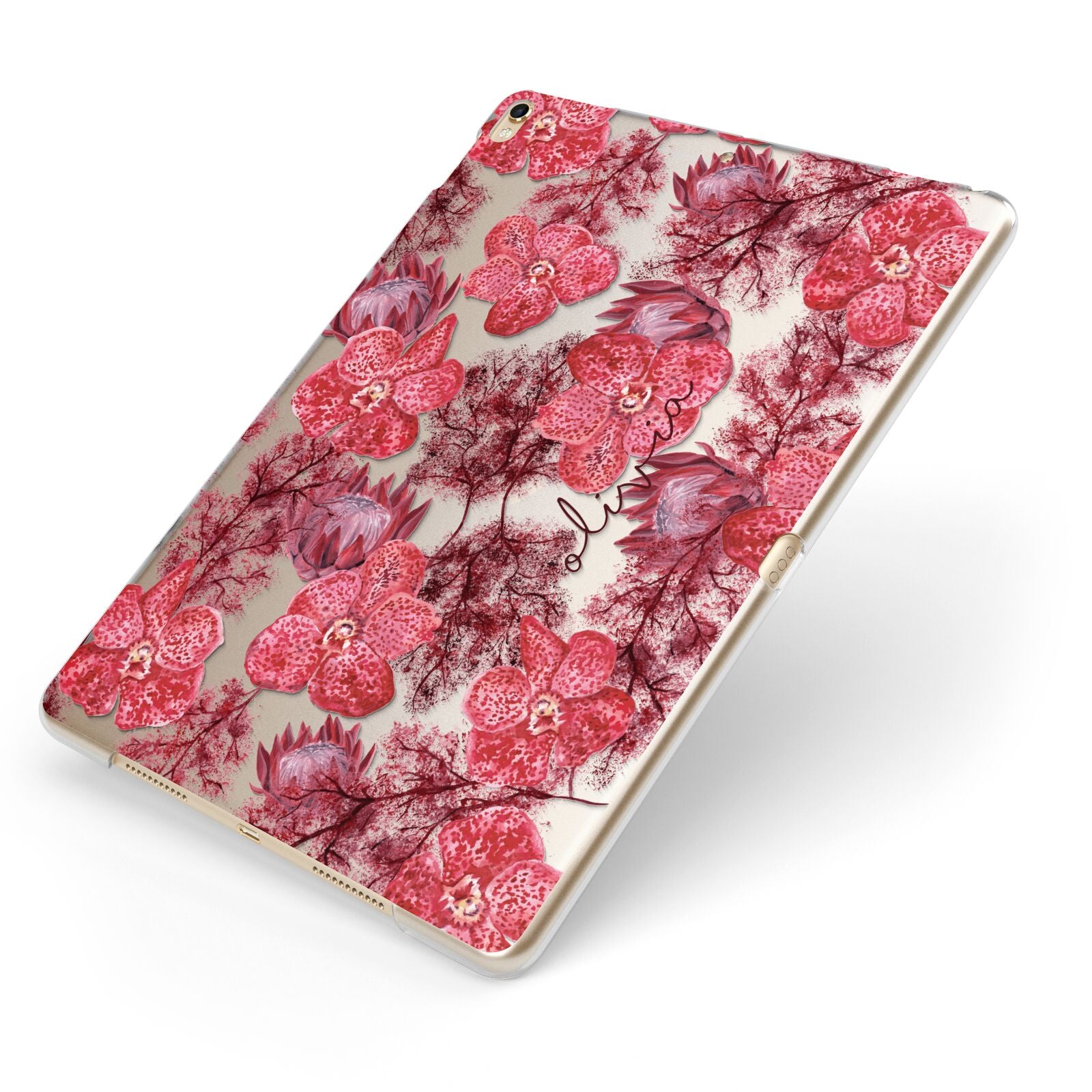 Personalised Pink and Red Floral Apple iPad Case on Gold iPad Side View