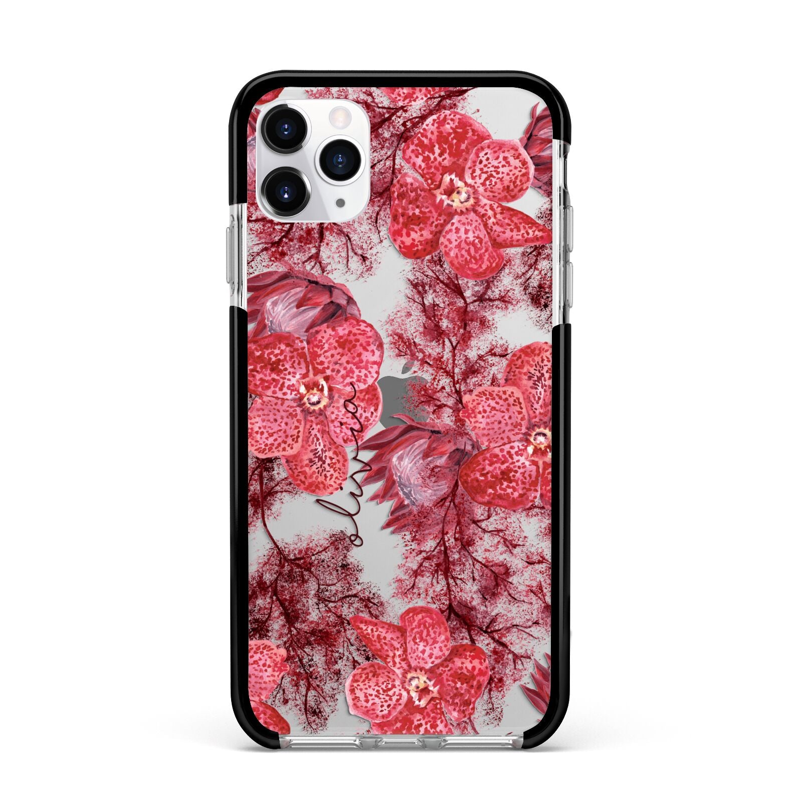 Personalised Pink and Red Floral Apple iPhone 11 Pro Max in Silver with Black Impact Case