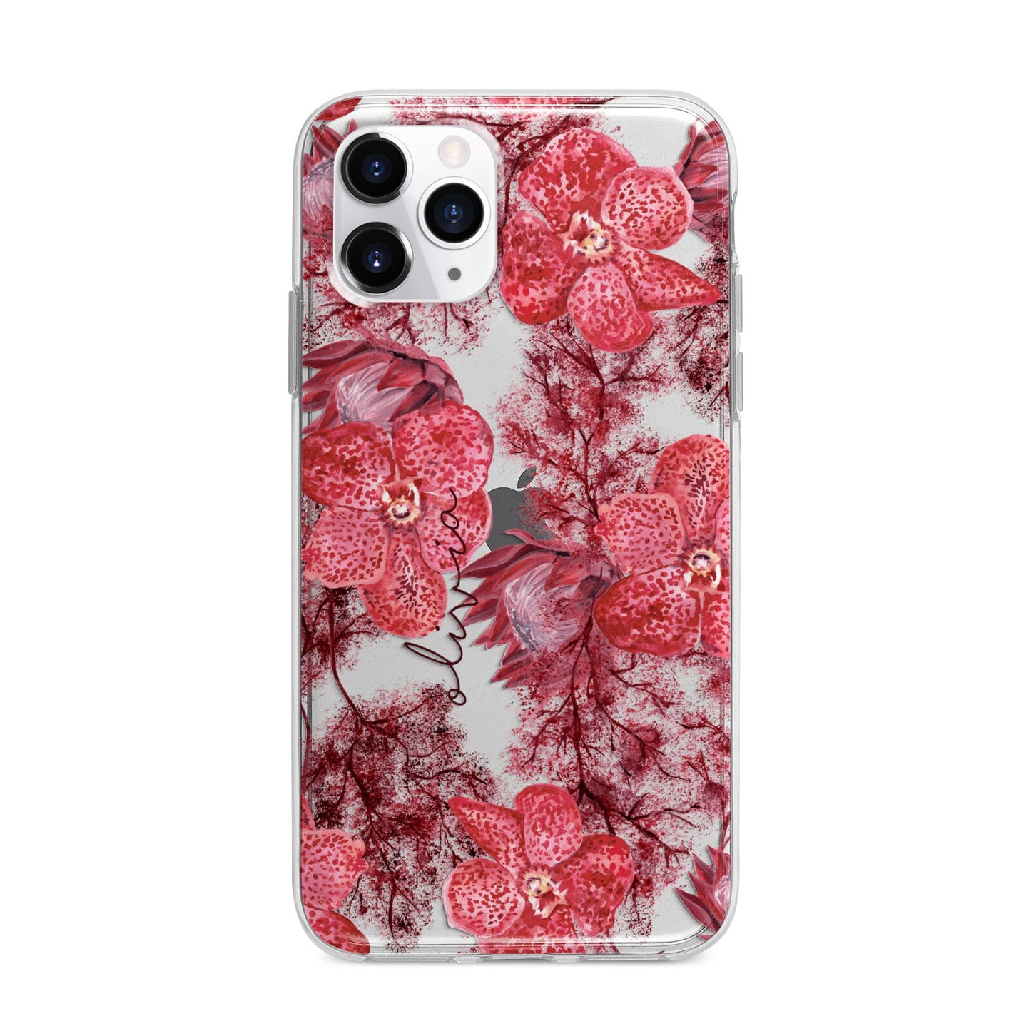 Personalised Pink and Red Floral Apple iPhone 11 Pro Max in Silver with Bumper Case