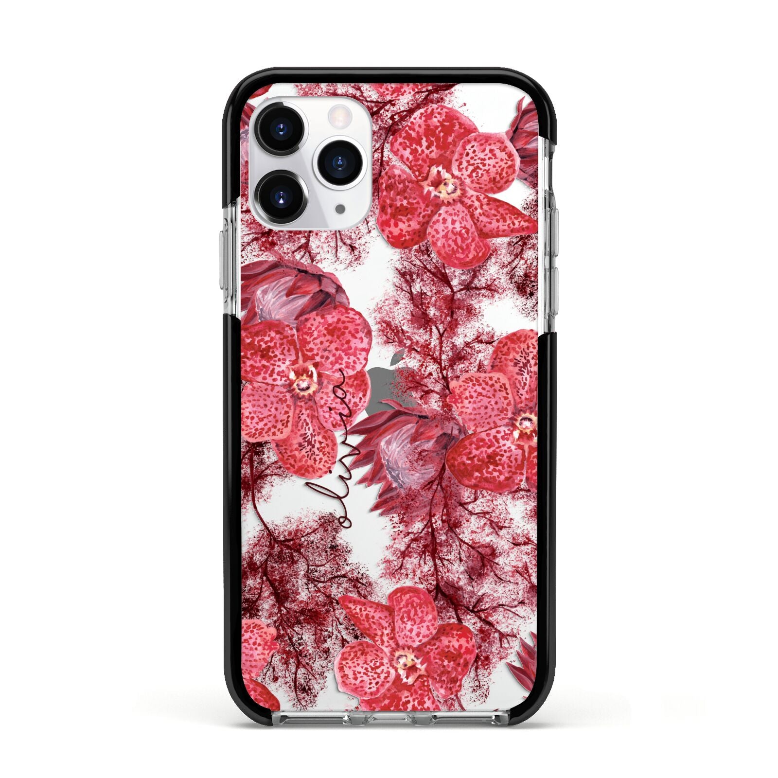 Personalised Pink and Red Floral Apple iPhone 11 Pro in Silver with Black Impact Case