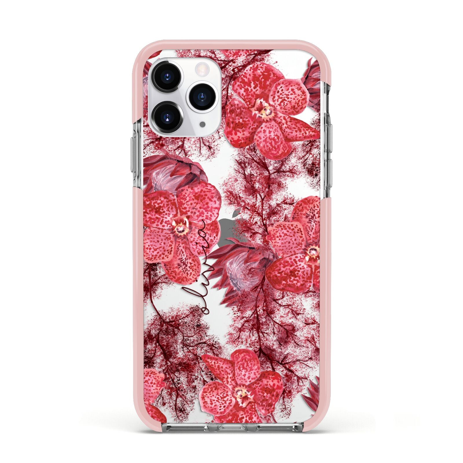 Personalised Pink and Red Floral Apple iPhone 11 Pro in Silver with Pink Impact Case