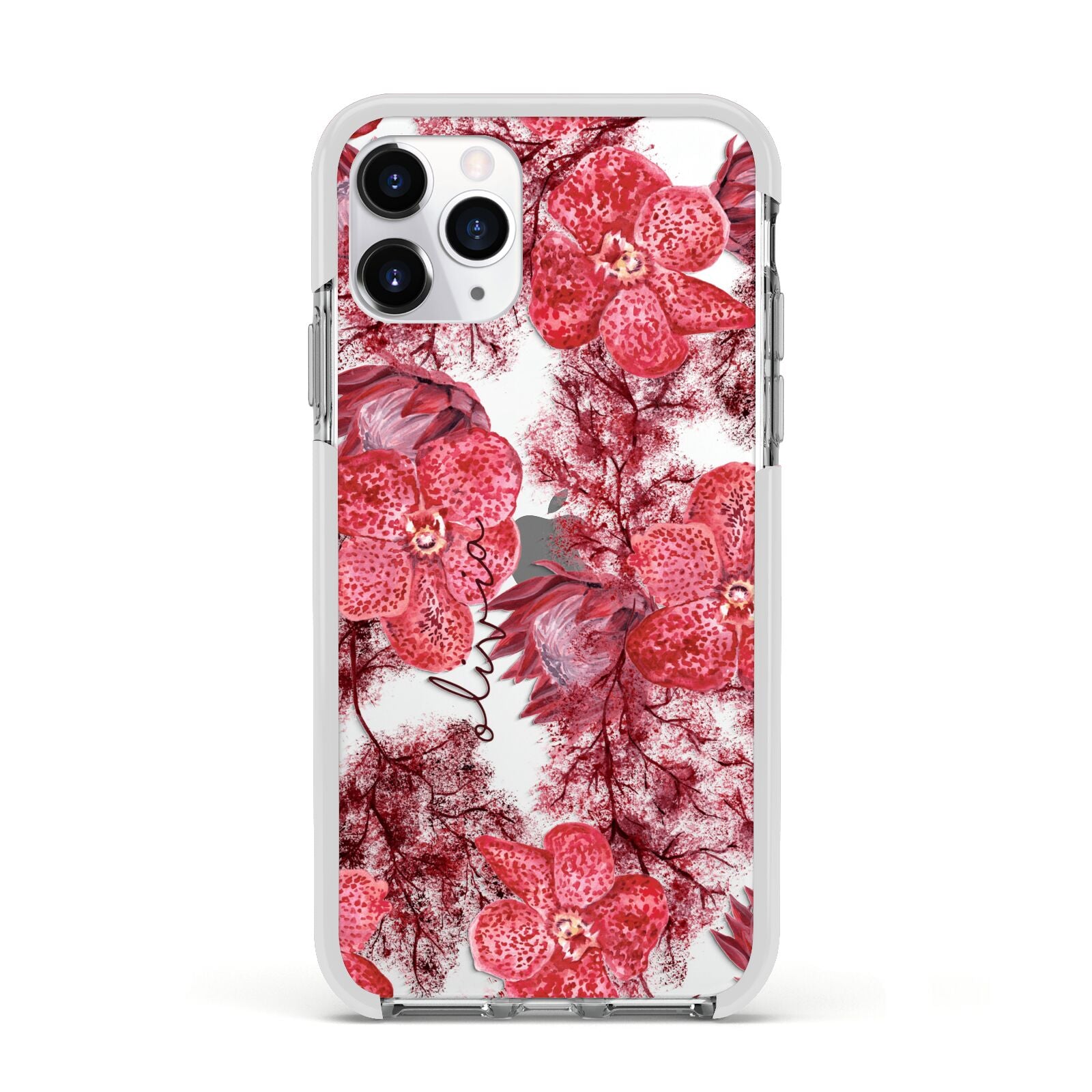 Personalised Pink and Red Floral Apple iPhone 11 Pro in Silver with White Impact Case