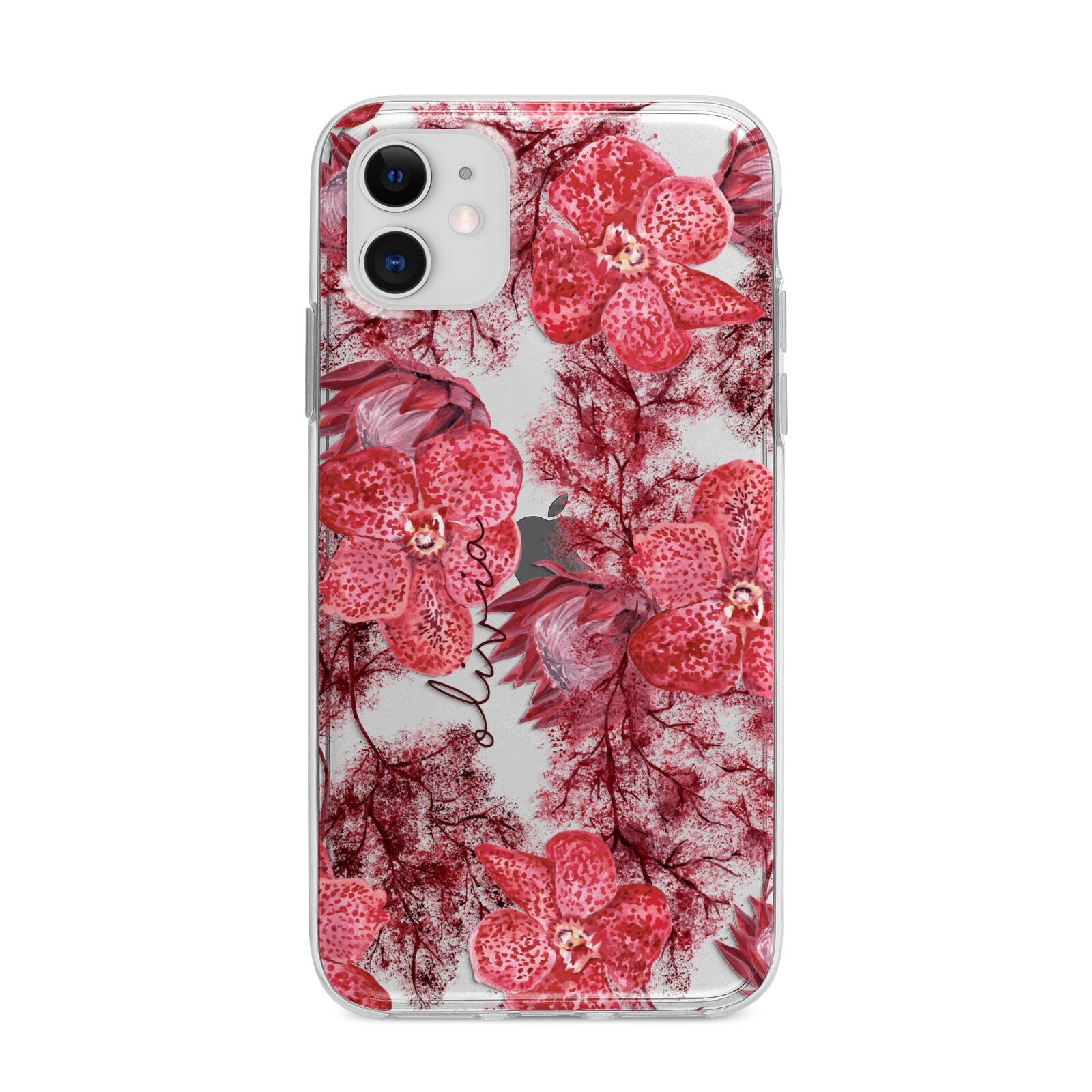 Personalised Pink and Red Floral Apple iPhone 11 in White with Bumper Case