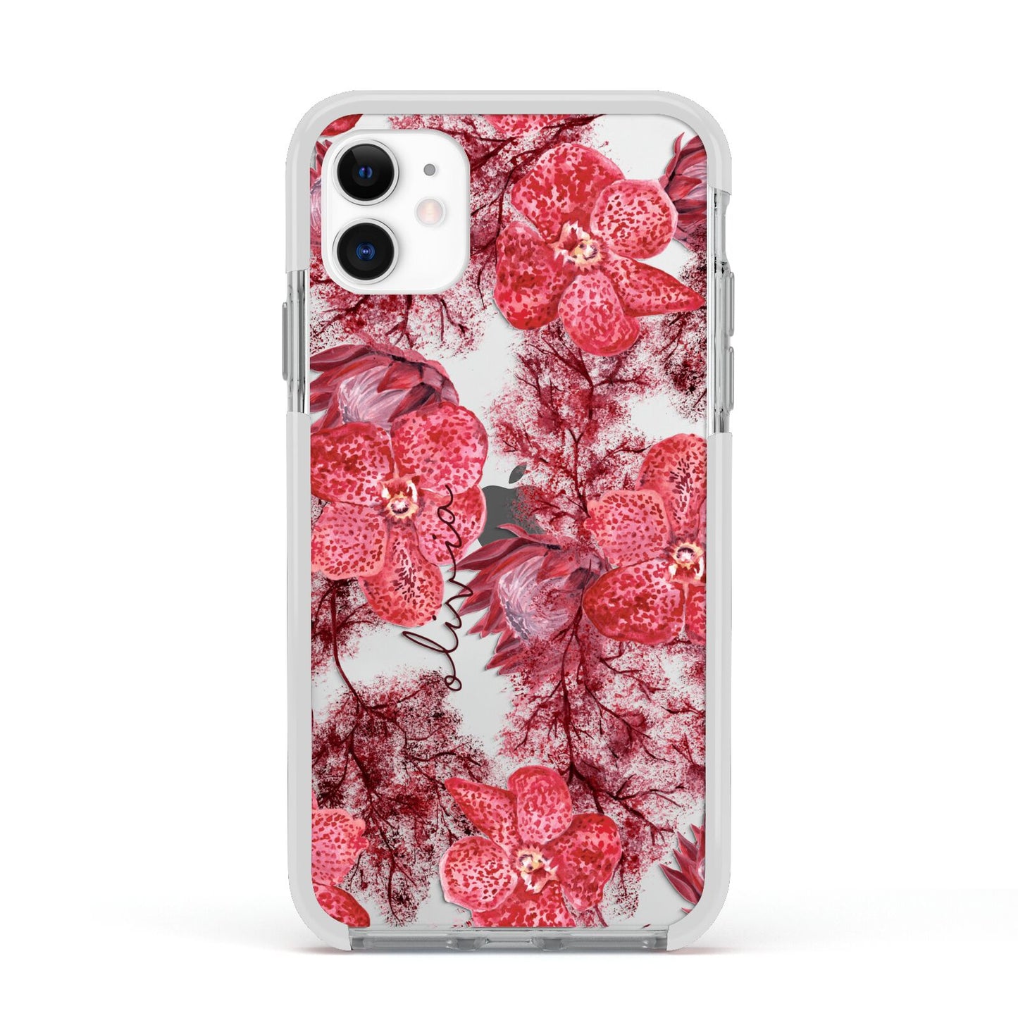 Personalised Pink and Red Floral Apple iPhone 11 in White with White Impact Case