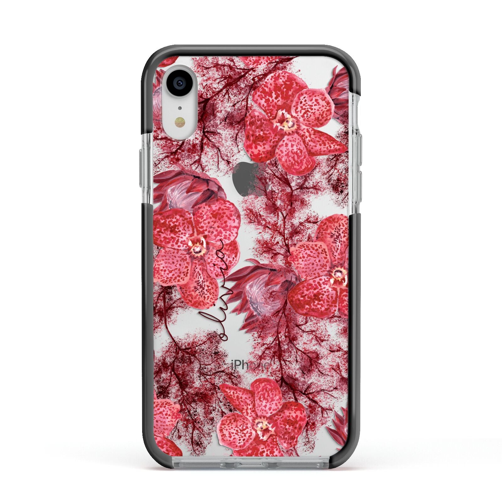 Personalised Pink and Red Floral Apple iPhone XR Impact Case Black Edge on Silver Phone