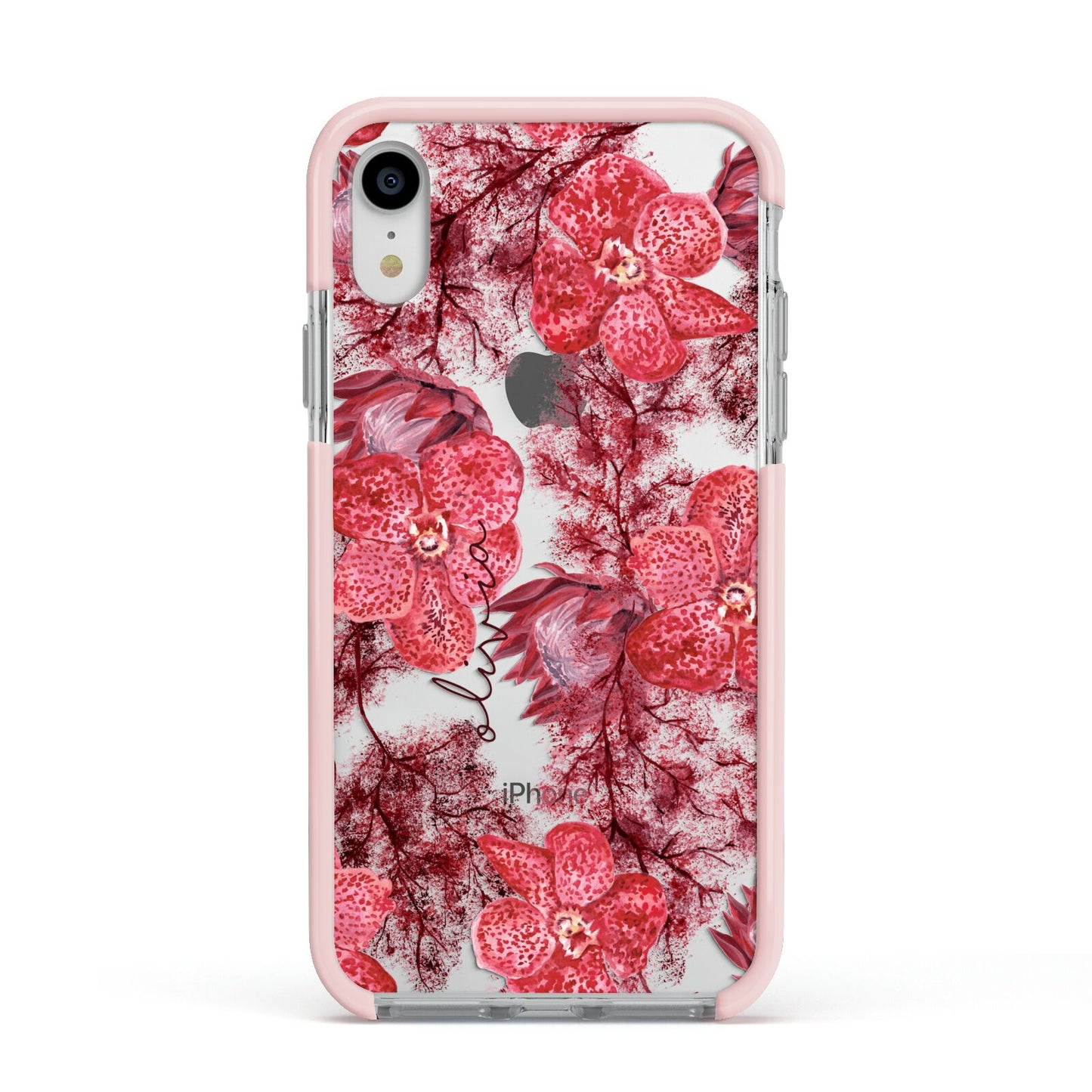 Personalised Pink and Red Floral Apple iPhone XR Impact Case Pink Edge on Silver Phone