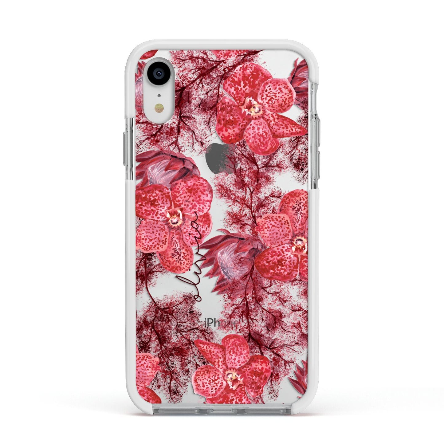 Personalised Pink and Red Floral Apple iPhone XR Impact Case White Edge on Silver Phone