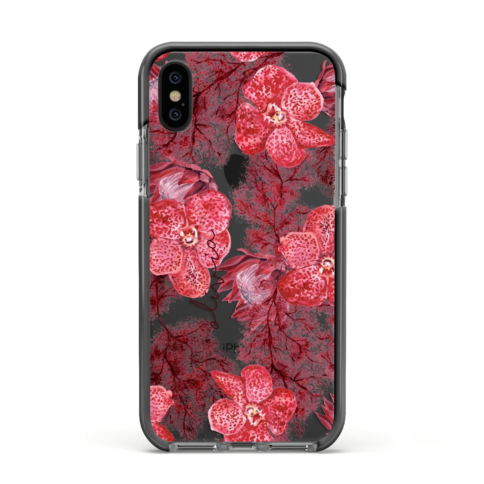 Personalised Pink and Red Floral Apple iPhone Xs Impact Case Black Edge on Black Phone