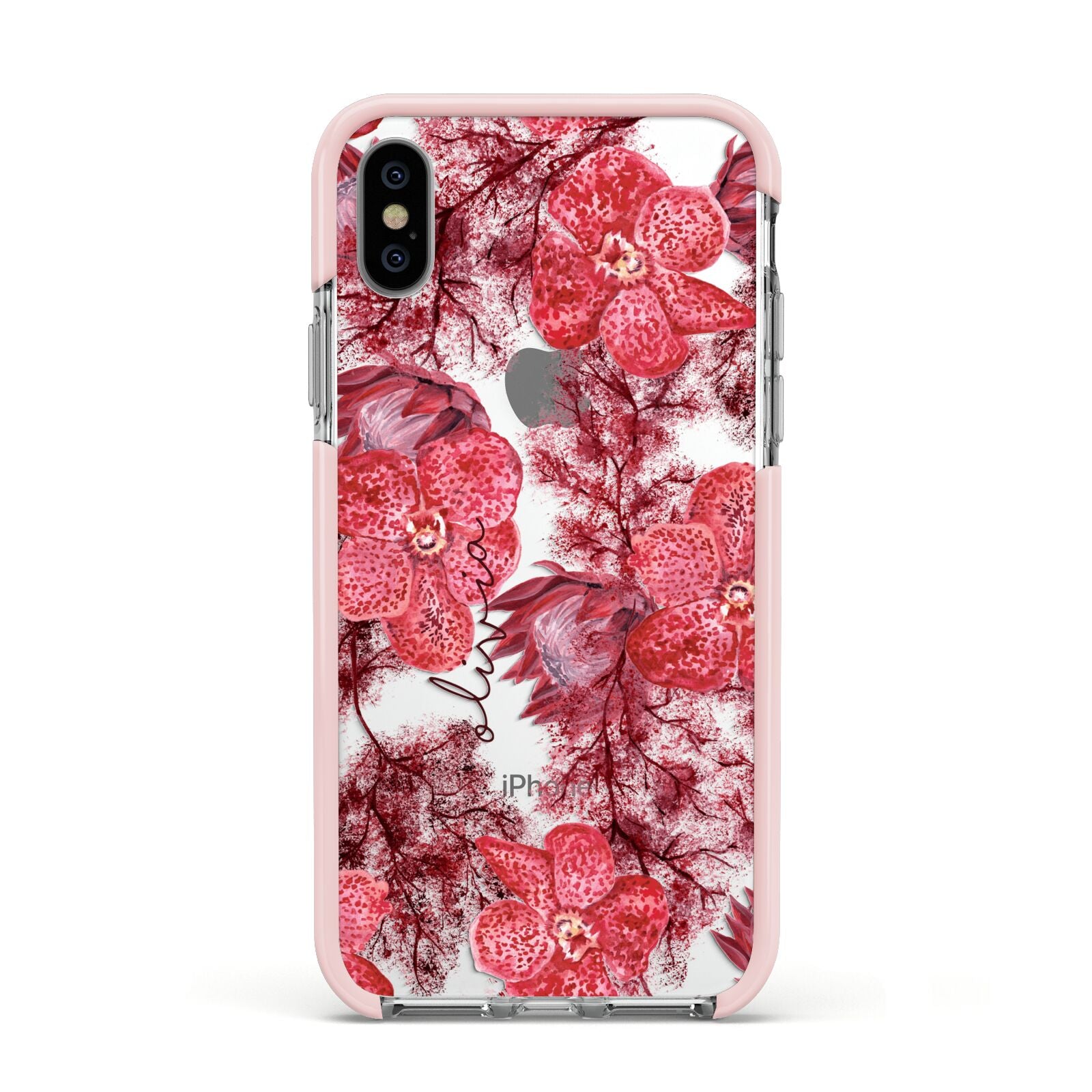 Personalised Pink and Red Floral Apple iPhone Xs Impact Case Pink Edge on Silver Phone