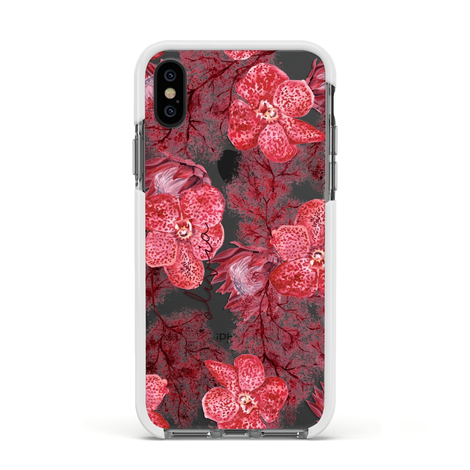 Personalised Pink and Red Floral Apple iPhone Xs Impact Case White Edge on Black Phone