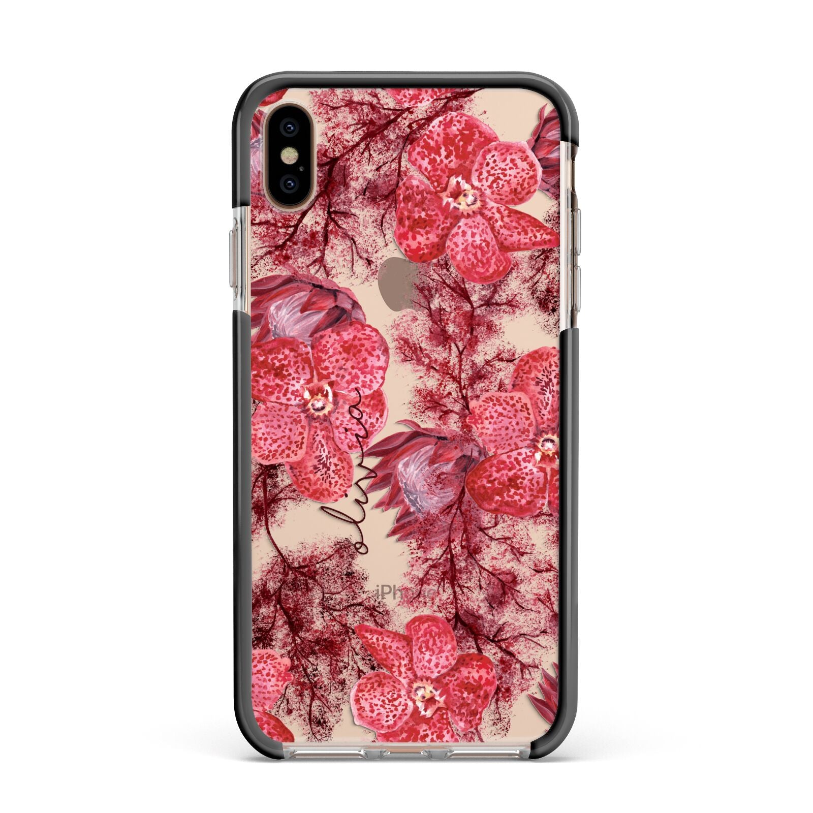 Personalised Pink and Red Floral Apple iPhone Xs Max Impact Case Black Edge on Gold Phone