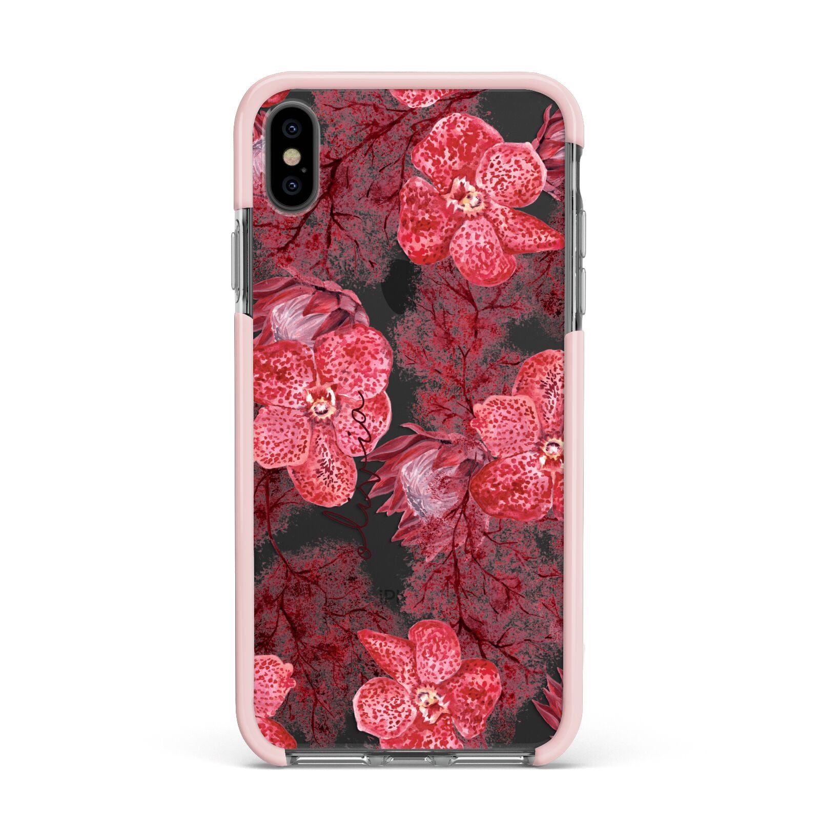 Personalised Pink and Red Floral Apple iPhone Xs Max Impact Case Pink Edge on Black Phone