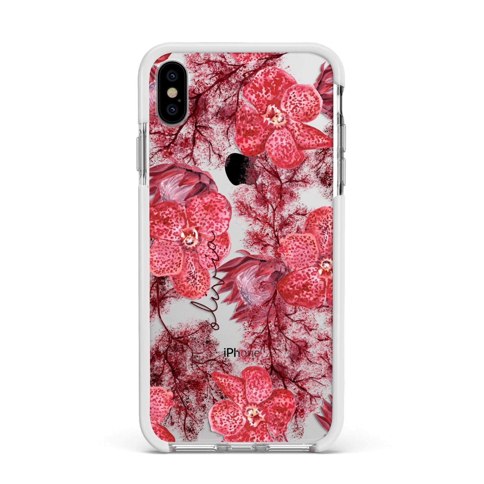 Personalised Pink and Red Floral Apple iPhone Xs Max Impact Case White Edge on Silver Phone