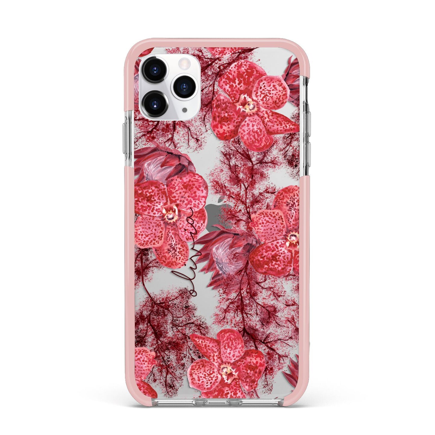 Personalised Pink and Red Floral iPhone 11 Pro Max Impact Pink Edge Case