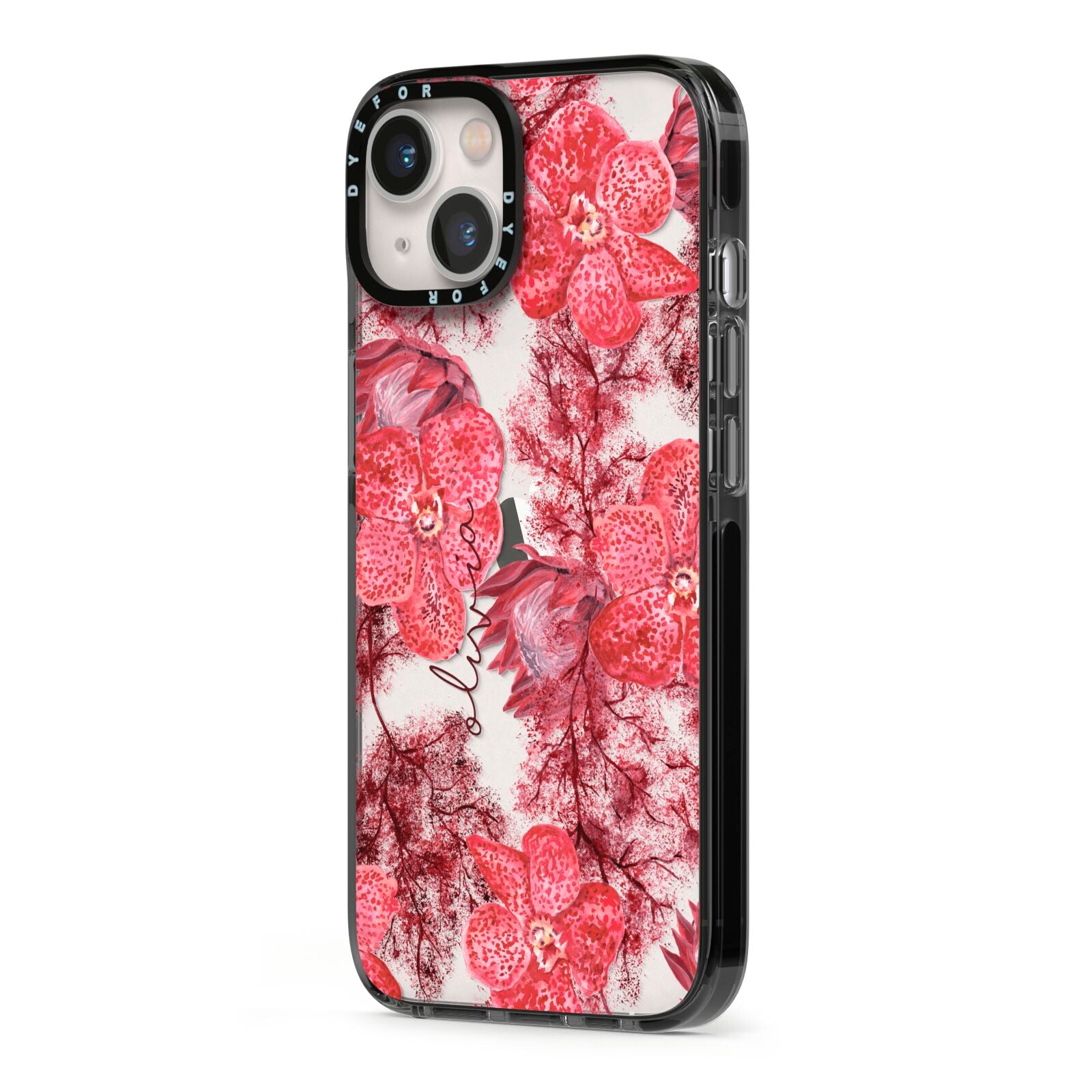 Personalised Pink and Red Floral iPhone 13 Black Impact Case Side Angle on Silver phone