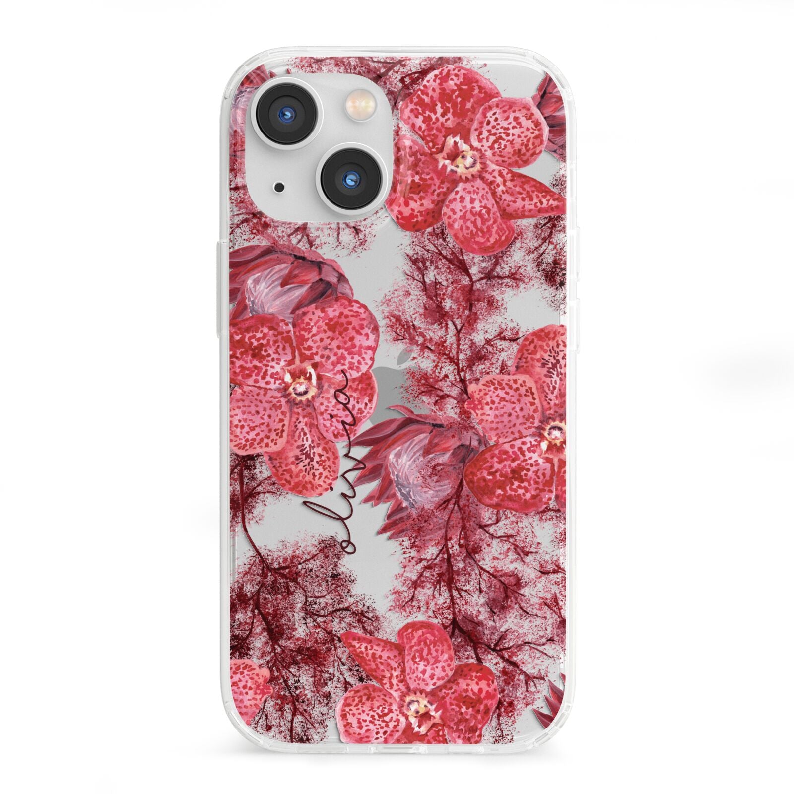 Personalised Pink and Red Floral iPhone 13 Mini Clear Bumper Case