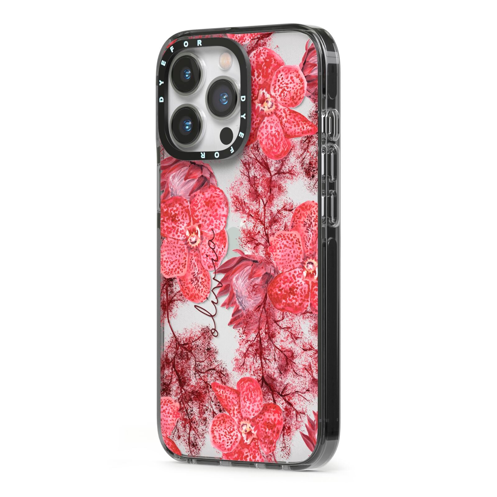 Personalised Pink and Red Floral iPhone 13 Pro Black Impact Case Side Angle on Silver phone