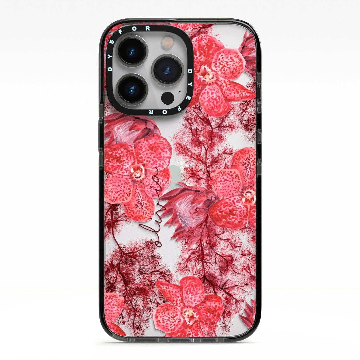 Personalised Pink and Red Floral iPhone 13 Pro Black Impact Case on Silver phone