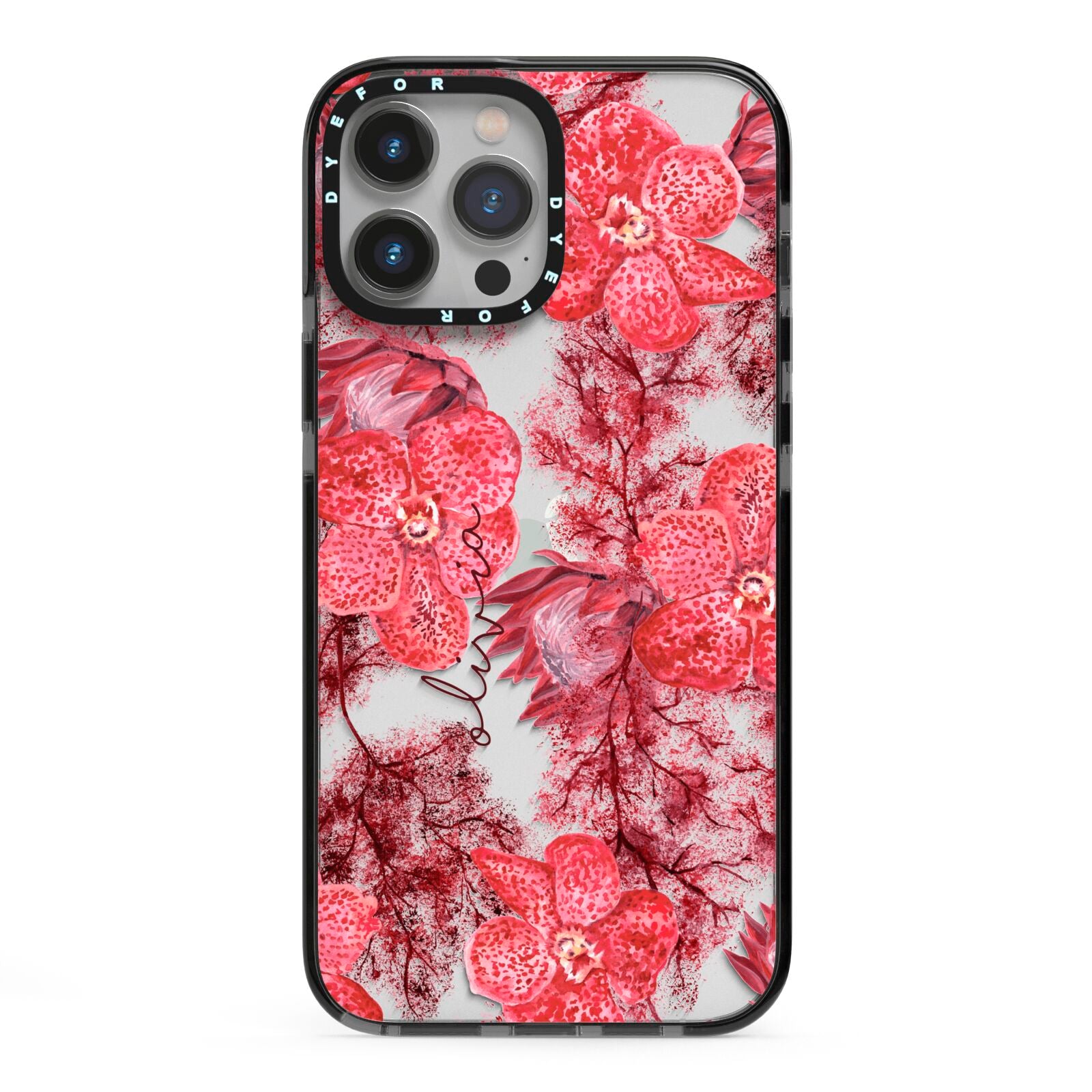 Personalised Pink and Red Floral iPhone 13 Pro Max Black Impact Case on Silver phone