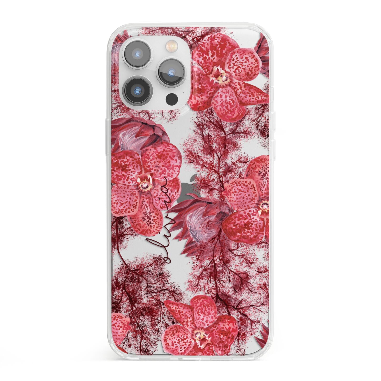 Personalised Pink and Red Floral iPhone 13 Pro Max Clear Bumper Case