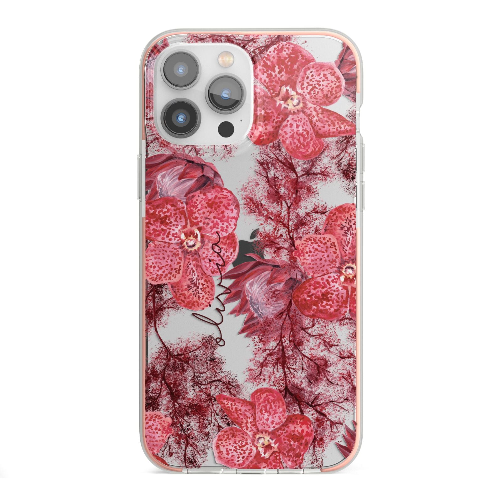 Personalised Pink and Red Floral iPhone 13 Pro Max TPU Impact Case with Pink Edges