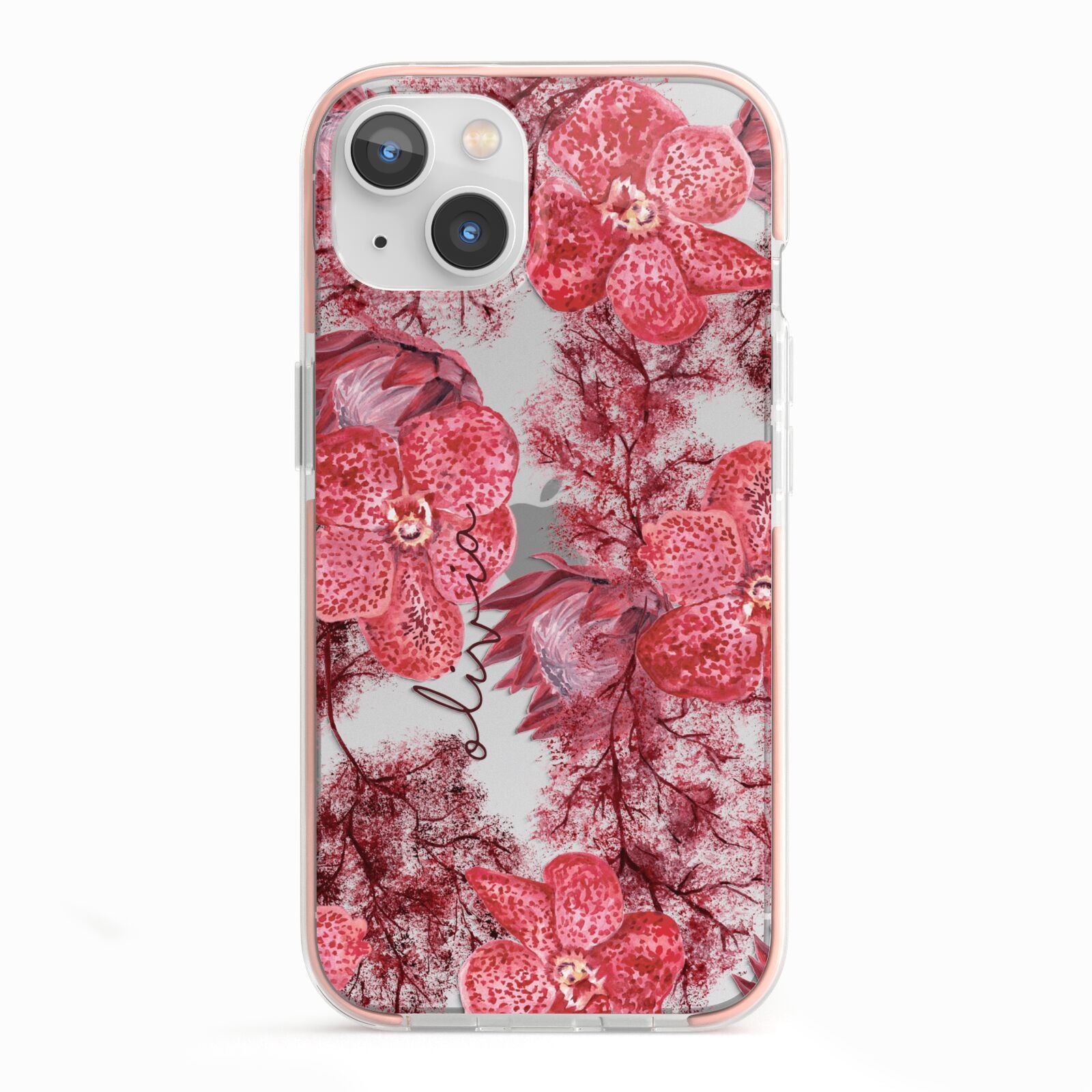 Personalised Pink and Red Floral iPhone 13 TPU Impact Case with Pink Edges