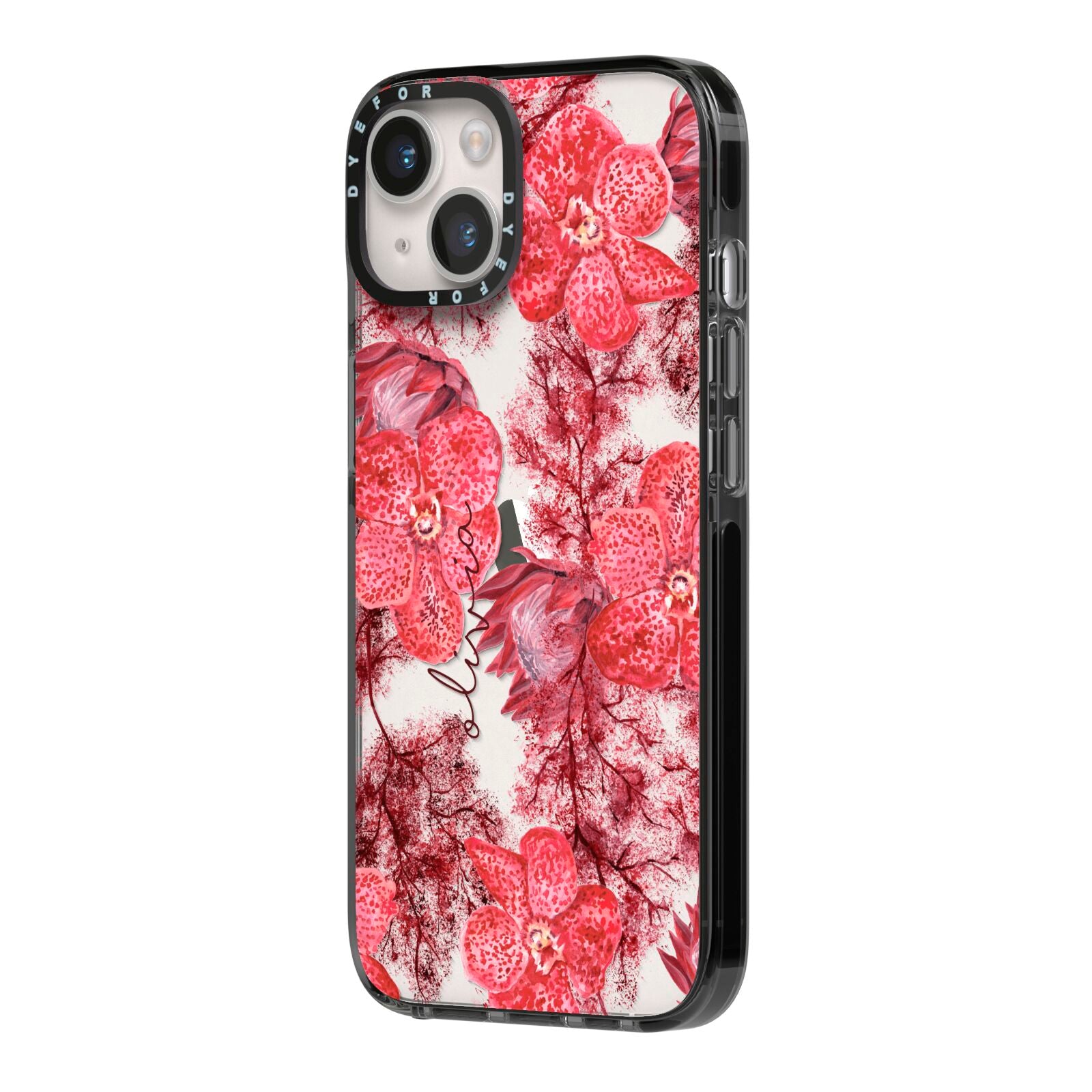 Personalised Pink and Red Floral iPhone 14 Black Impact Case Side Angle on Silver phone