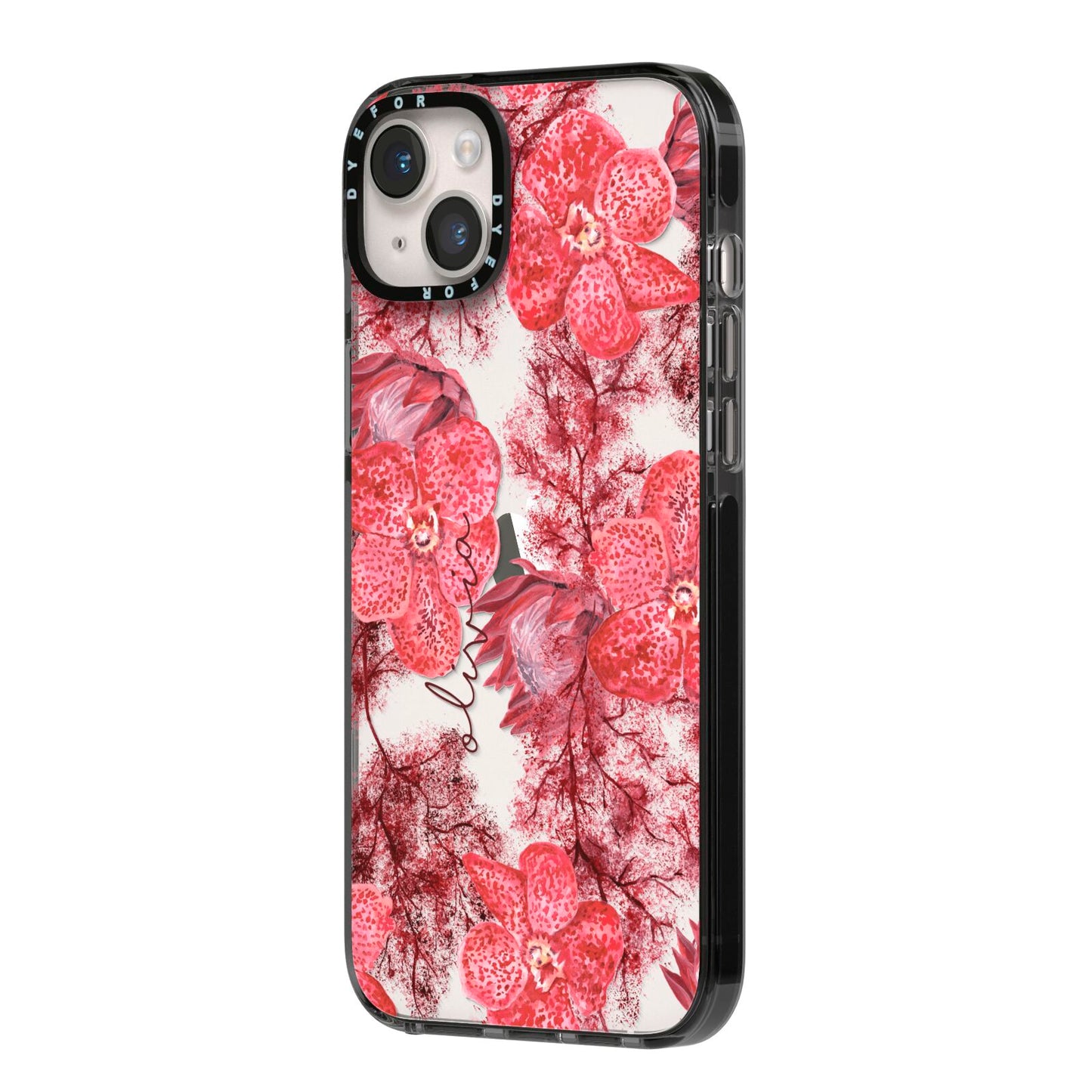 Personalised Pink and Red Floral iPhone 14 Plus Black Impact Case Side Angle on Silver phone