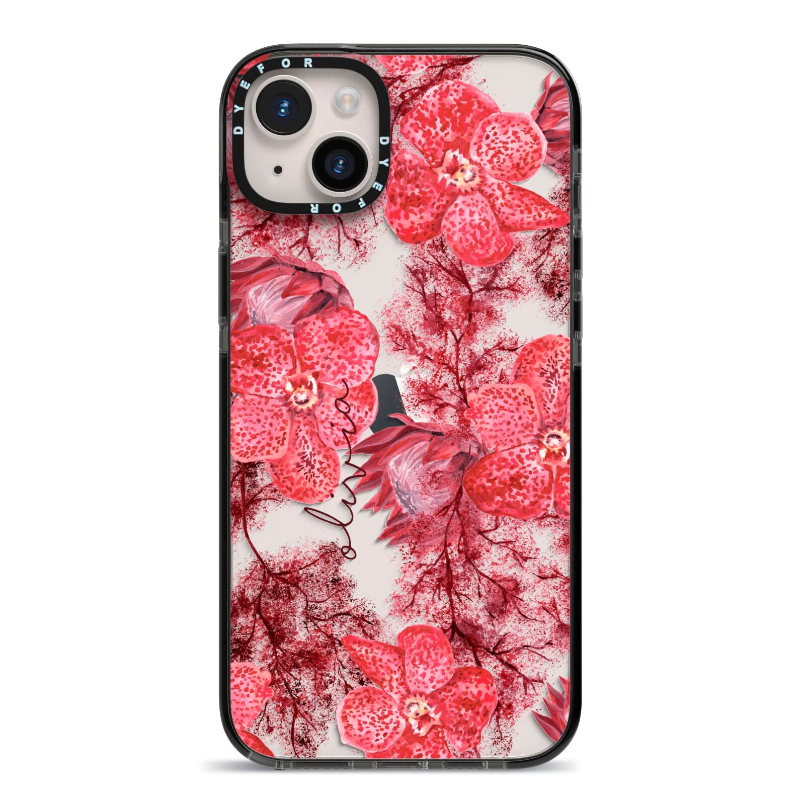 Personalised Pink and Red Floral iPhone 14 Plus Black Impact Case on Silver phone