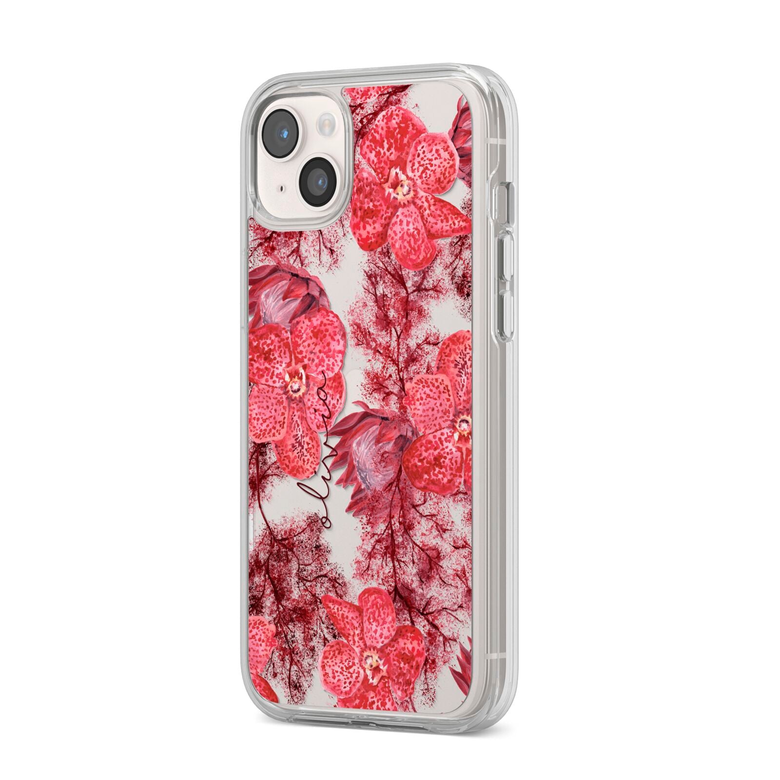 Personalised Pink and Red Floral iPhone 14 Plus Clear Tough Case Starlight Angled Image