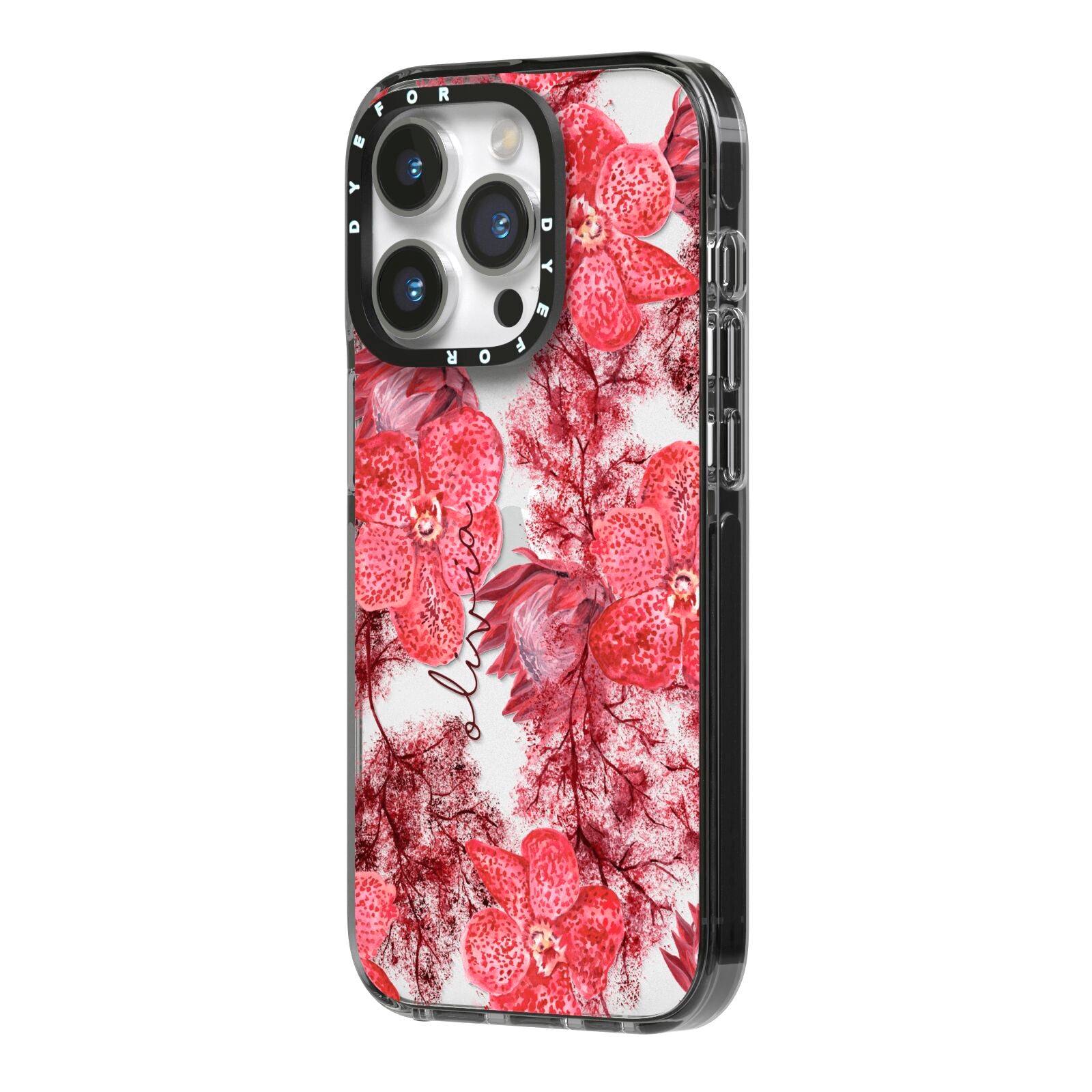 Personalised Pink and Red Floral iPhone 14 Pro Black Impact Case Side Angle on Silver phone