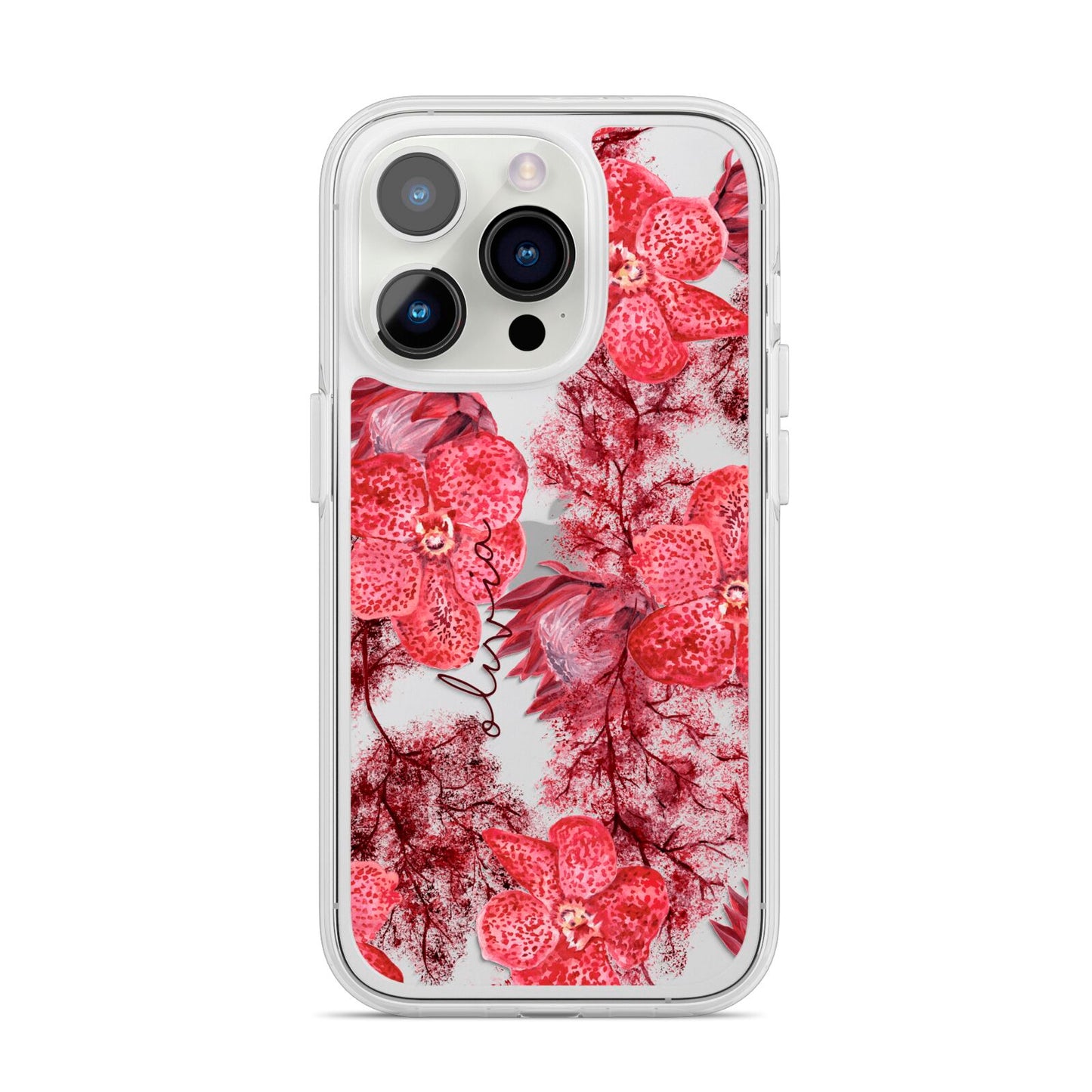 Personalised Pink and Red Floral iPhone 14 Pro Clear Tough Case Silver