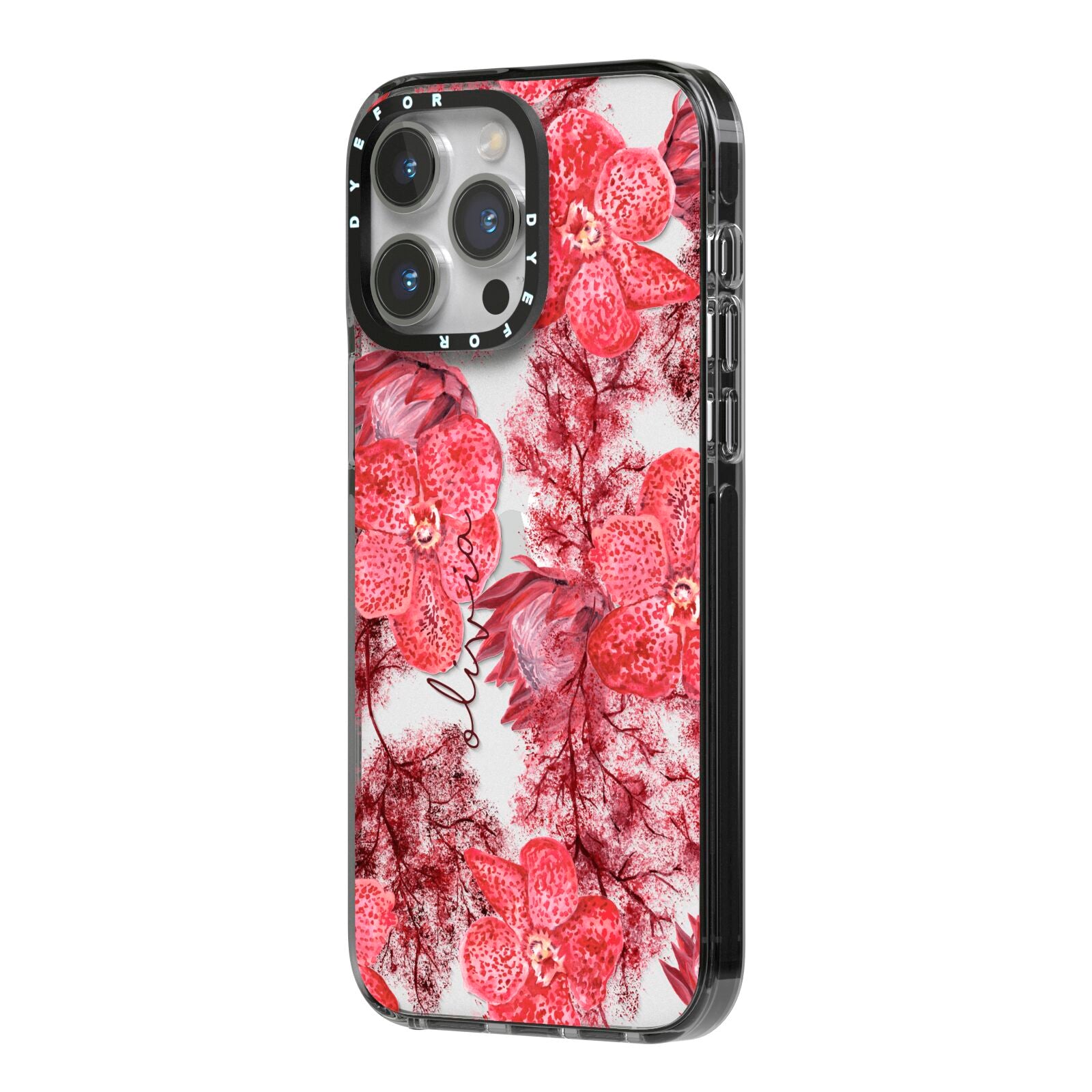 Personalised Pink and Red Floral iPhone 14 Pro Max Black Impact Case Side Angle on Silver phone