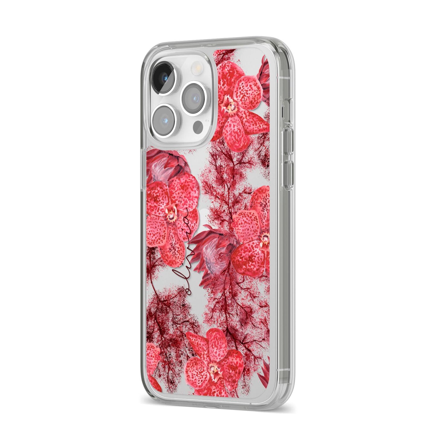 Personalised Pink and Red Floral iPhone 14 Pro Max Clear Tough Case Silver Angled Image