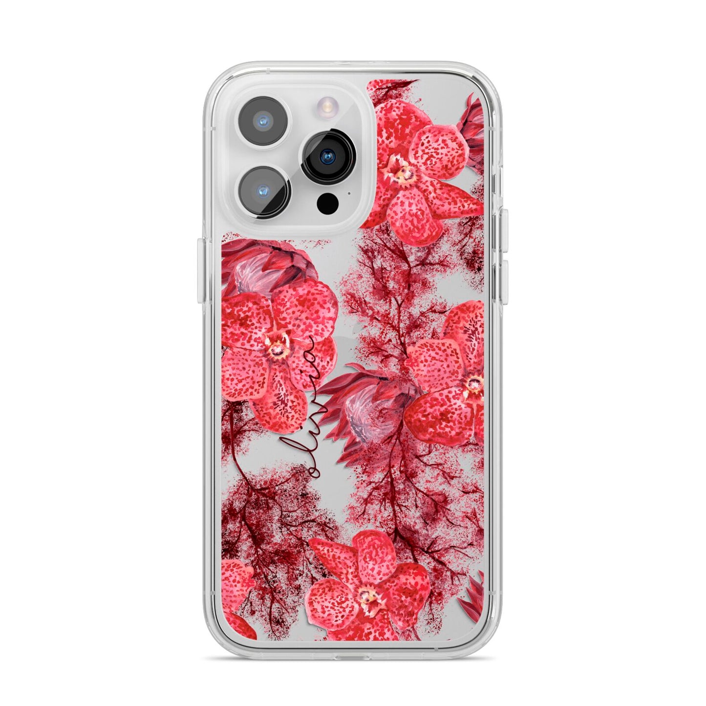 Personalised Pink and Red Floral iPhone 14 Pro Max Clear Tough Case Silver