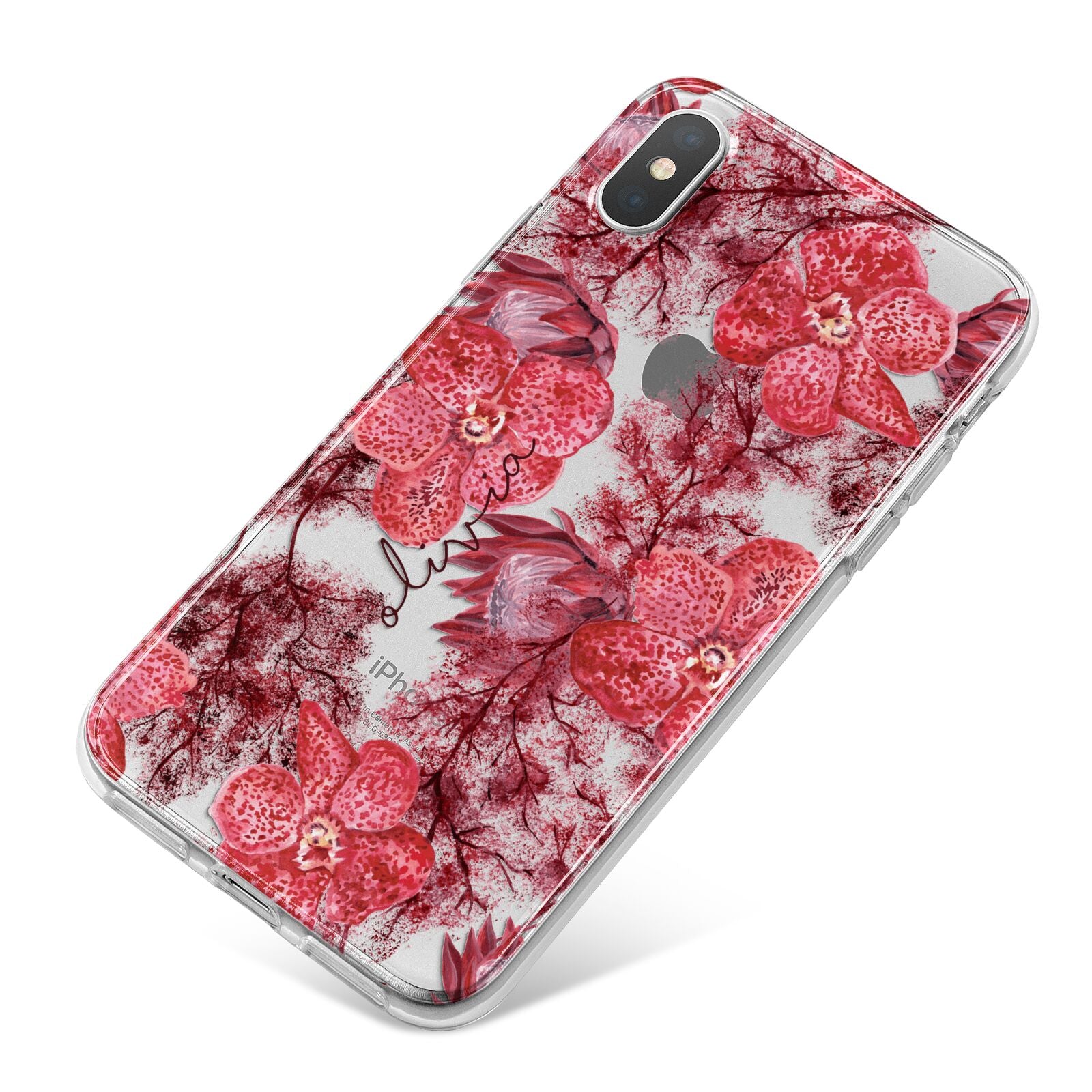 Personalised Pink and Red Floral iPhone X Bumper Case on Silver iPhone