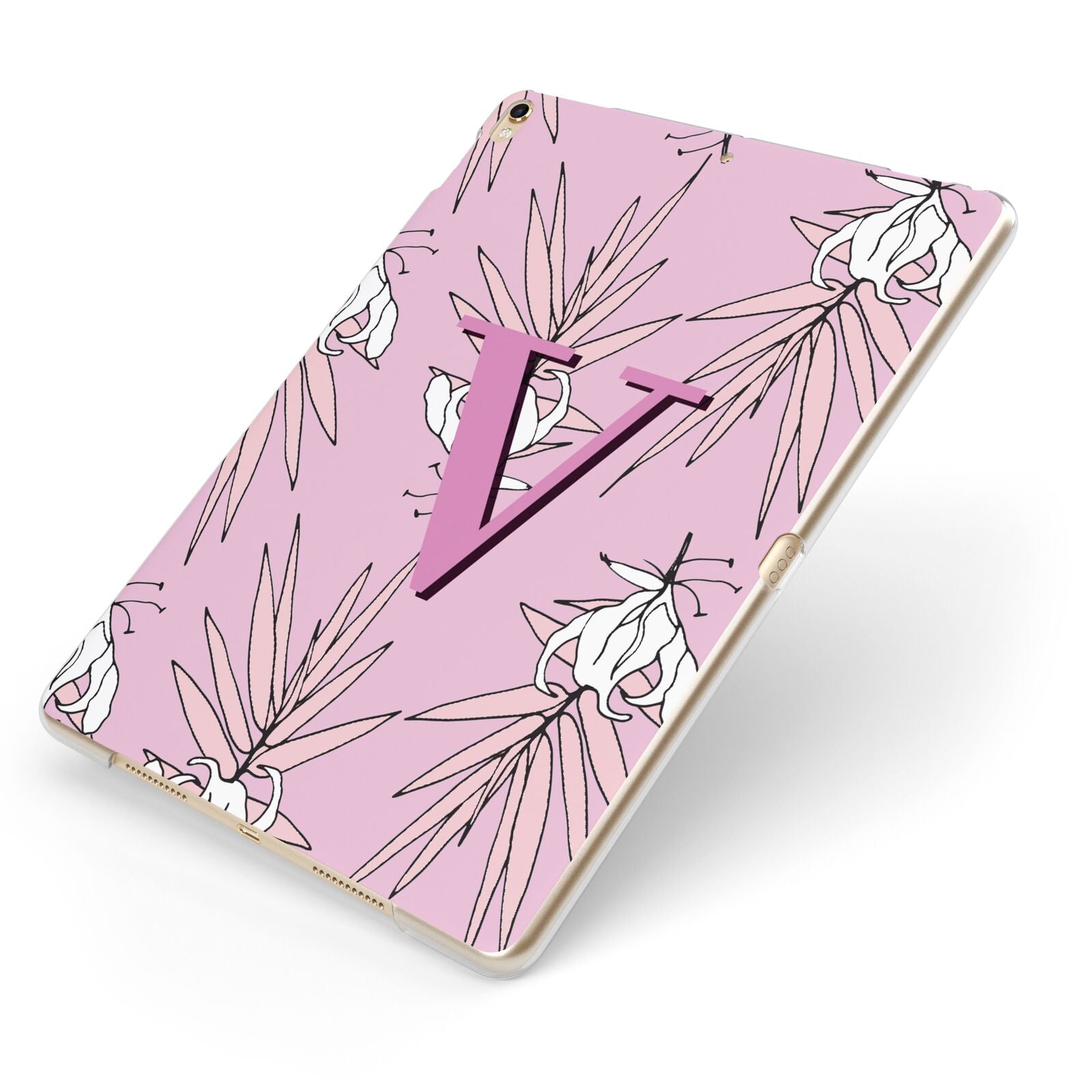 Personalised Pink and White Floral Monogram Apple iPad Case on Gold iPad Side View