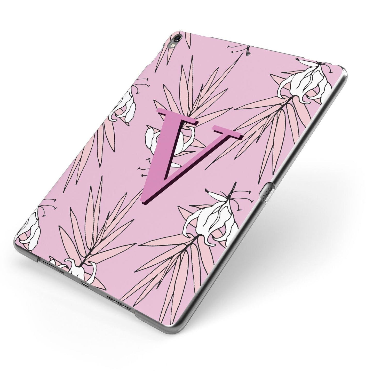 Personalised Pink and White Floral Monogram Apple iPad Case on Grey iPad Side View