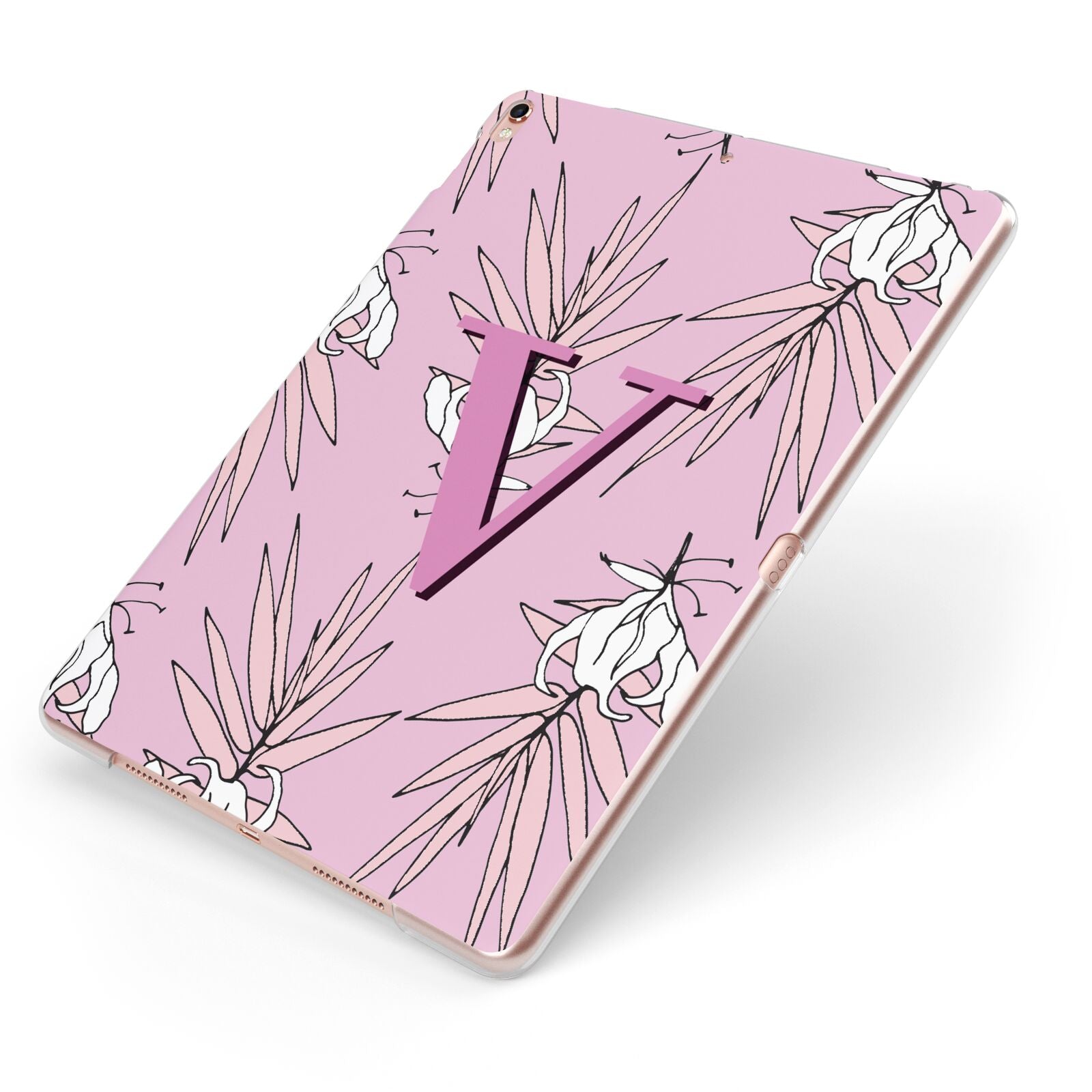 Personalised Pink and White Floral Monogram Apple iPad Case on Rose Gold iPad Side View