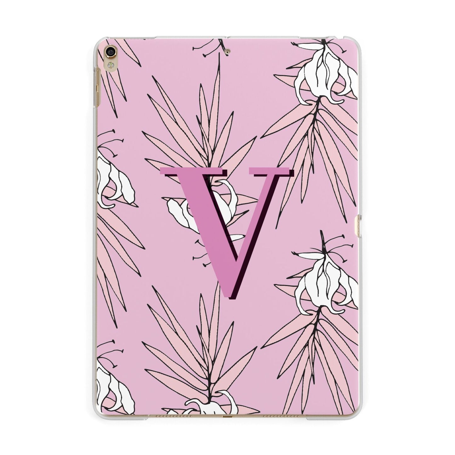 Personalised Pink and White Floral Monogram Apple iPad Gold Case