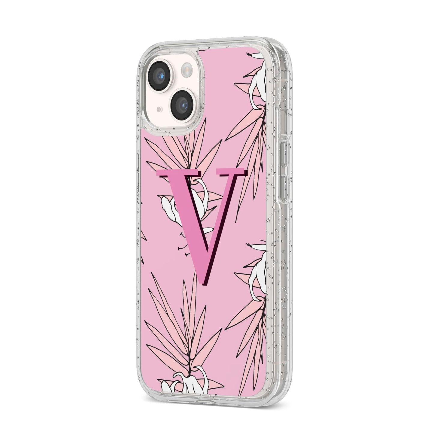 Personalised Pink and White Floral Monogram iPhone 14 Glitter Tough Case Starlight Angled Image