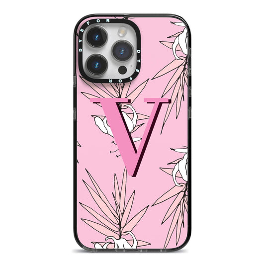 Personalised Pink and White Floral Monogram iPhone 14 Pro Max Black Impact Case on Silver phone