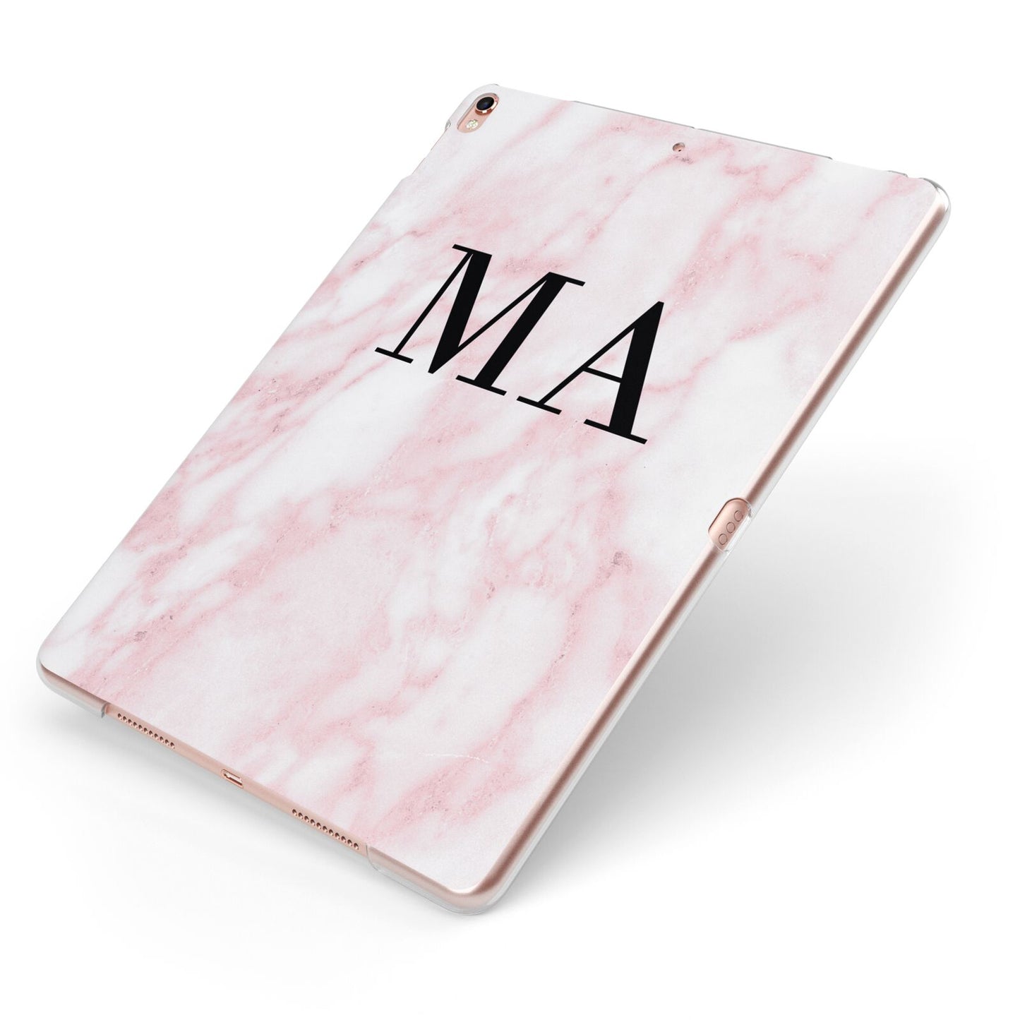 Personalised Pinky Marble Initials Apple iPad Case on Rose Gold iPad Side View