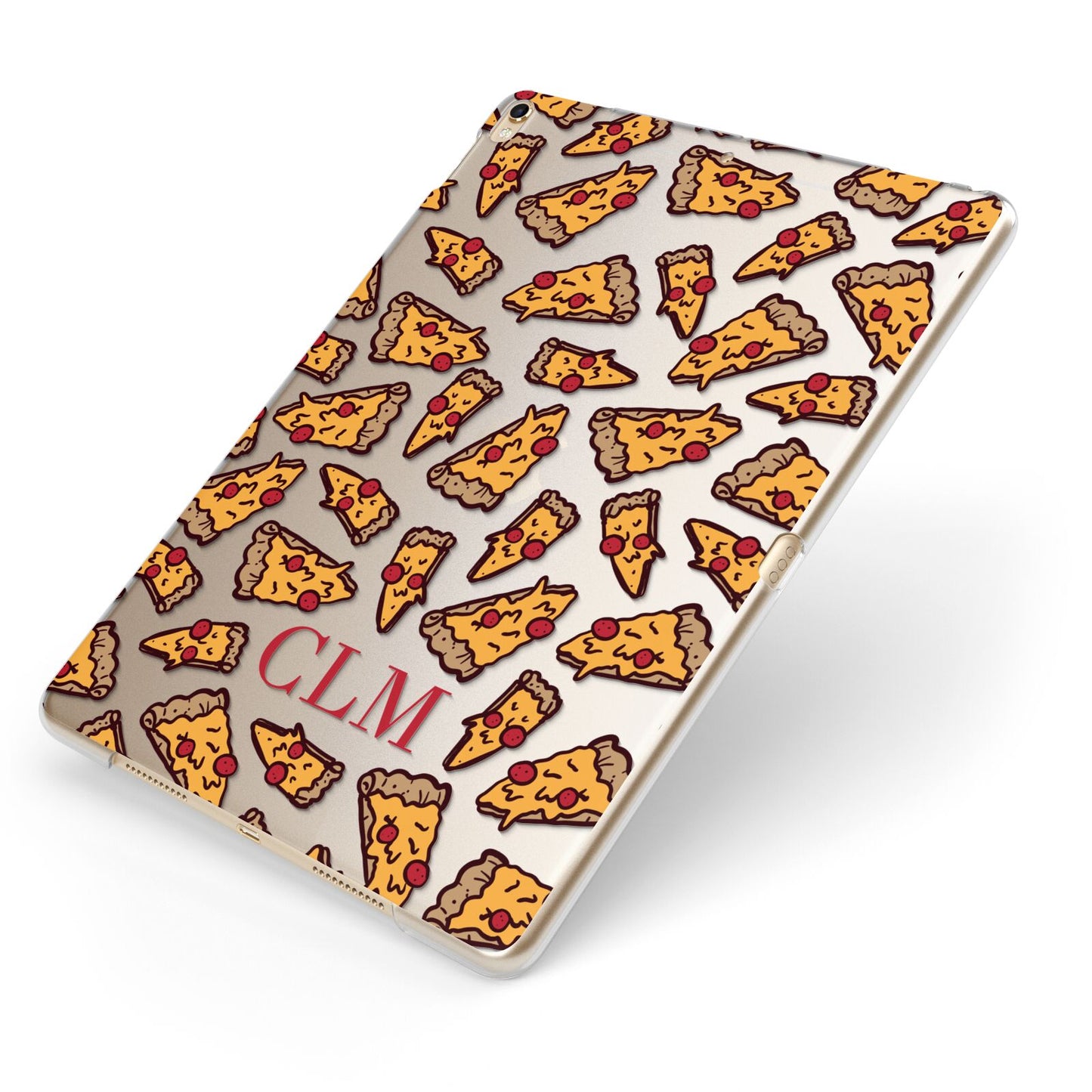 Personalised Pizza Initials Clear Apple iPad Case on Gold iPad Side View