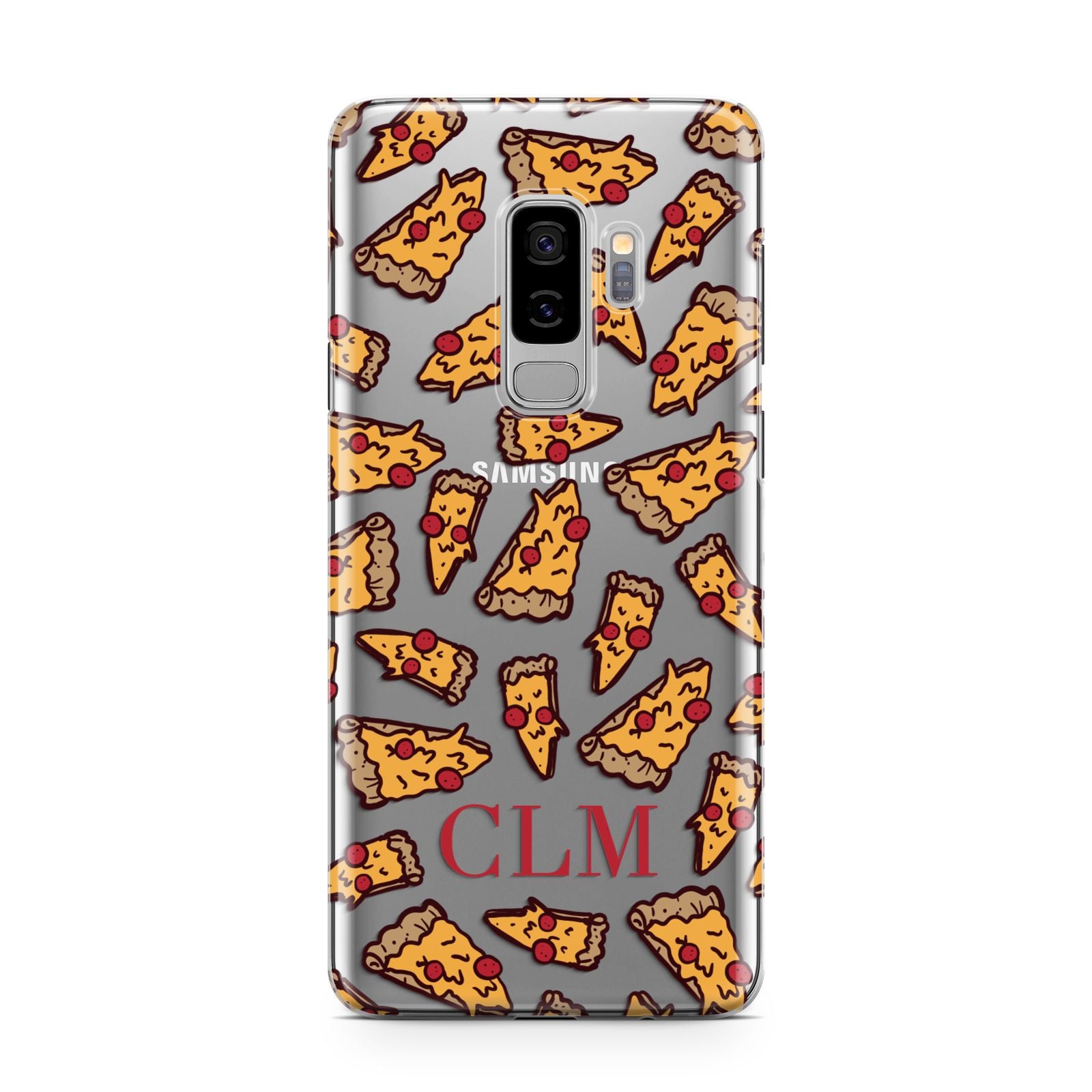 Personalised Pizza Initials Clear Samsung Galaxy S9 Plus Case on Silver phone