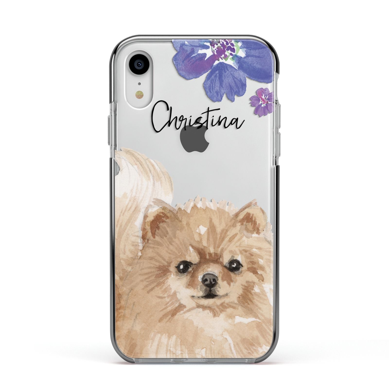 Personalised Pomeranian Apple iPhone XR Impact Case Black Edge on Silver Phone